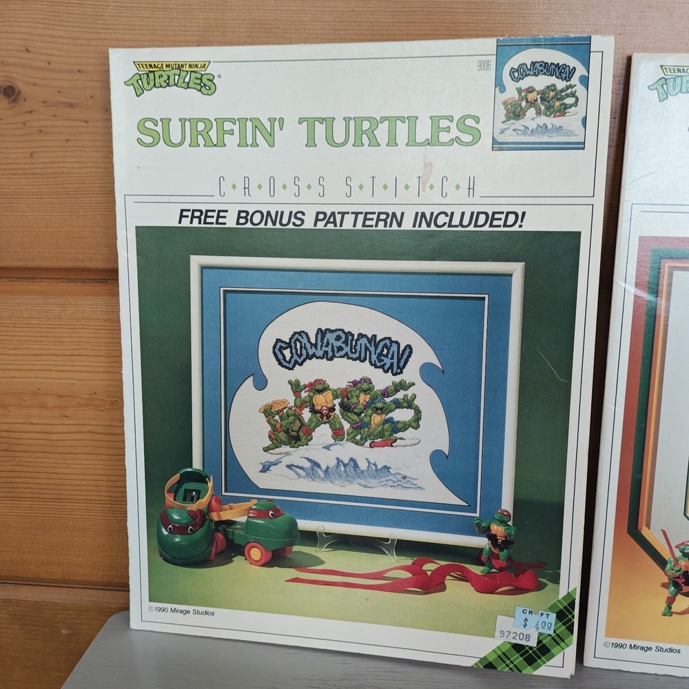 Set of 2 Vintage 1990 TMNT Ninja Turtles Cross-Stitch Turtle Power Cowabunga F3 - Picture 2 of 10